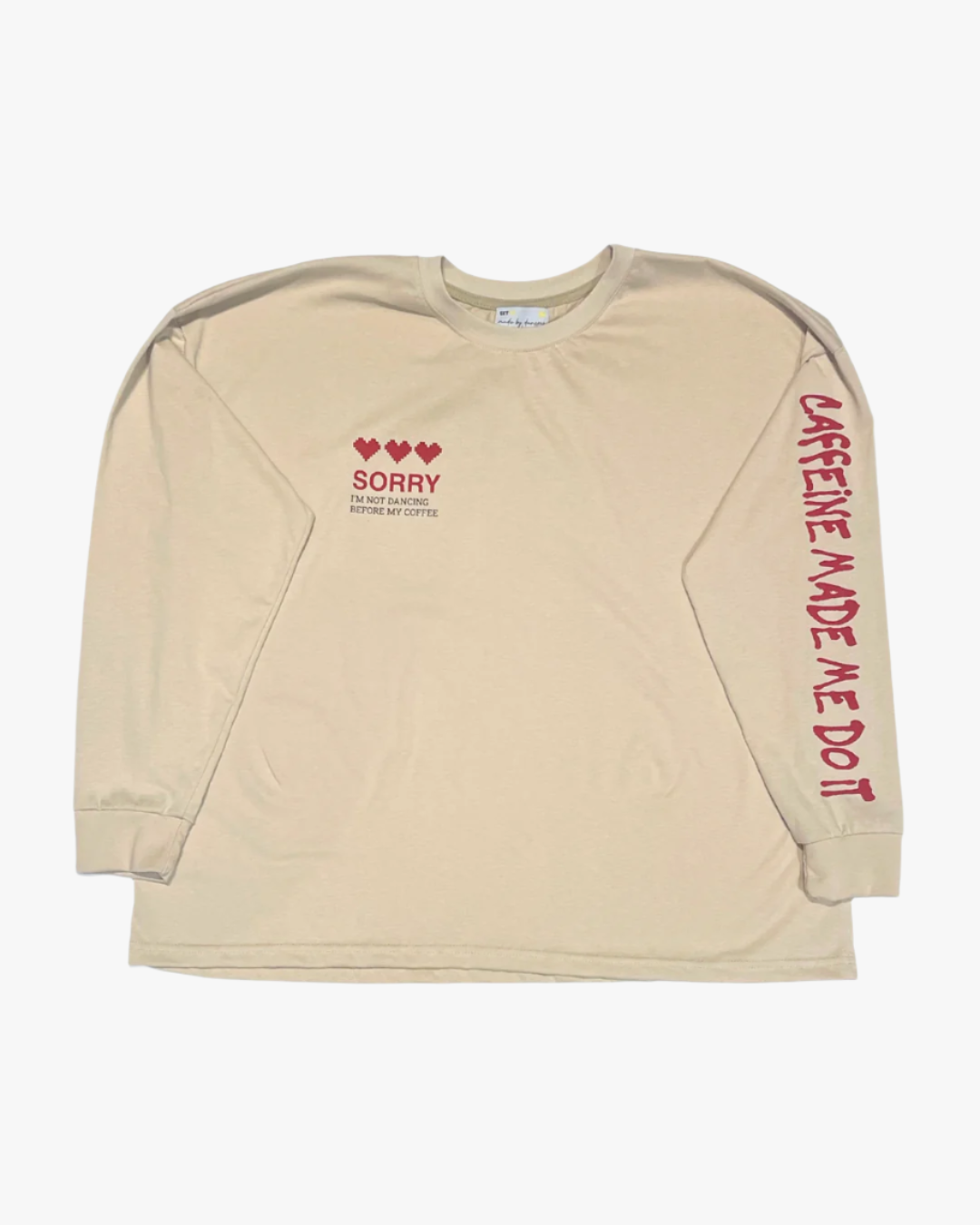beige long sleeve tee with red prints