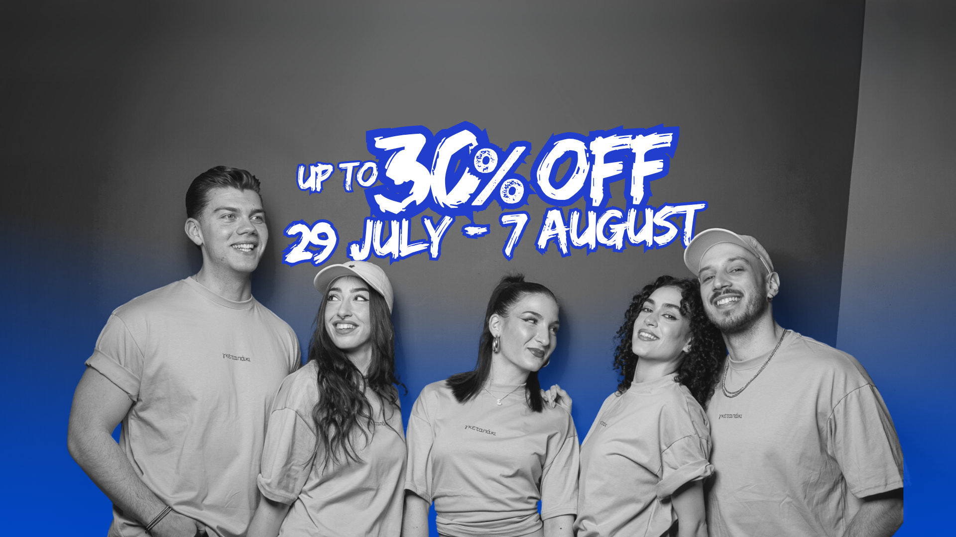 Group of five people with promotional text for up to 30% discount offer on a blue and gray background