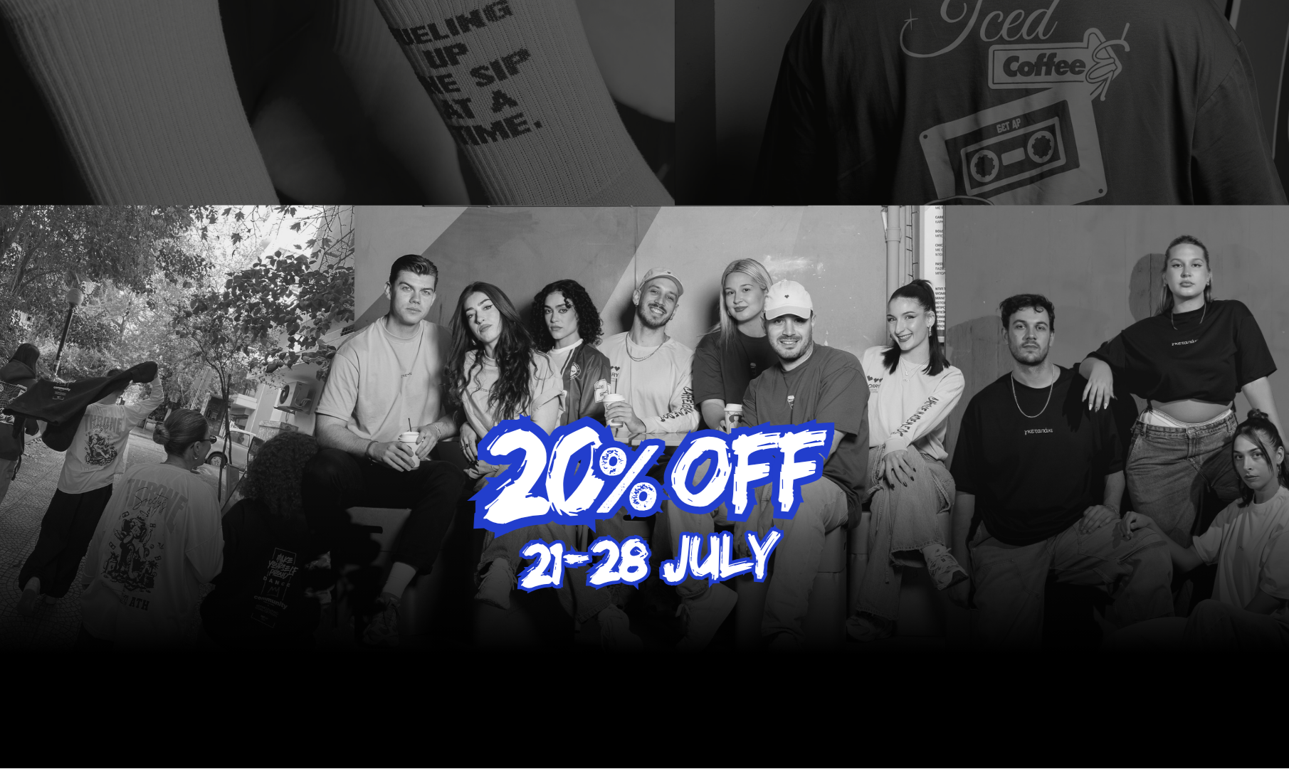 Promotional banner with a group of people and a '20% OFF' offer text overlay.