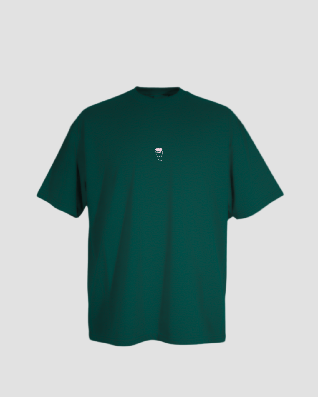 Green t-shirt with a small logo on a white background