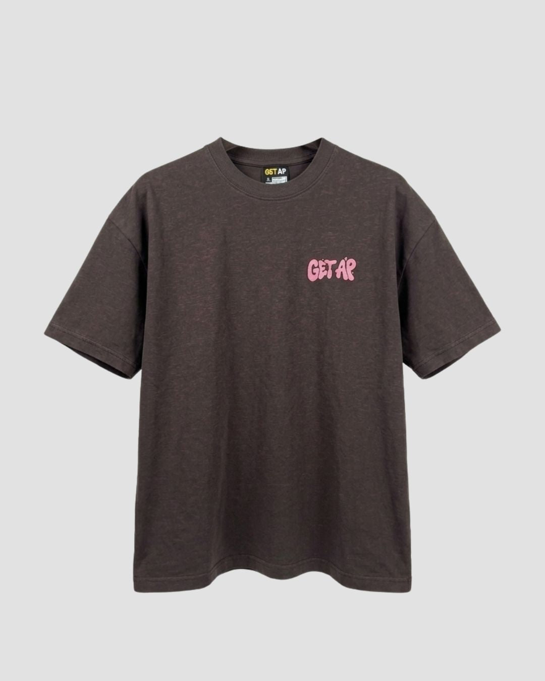 Dark gray t-shirt with pink logo on a light gray background