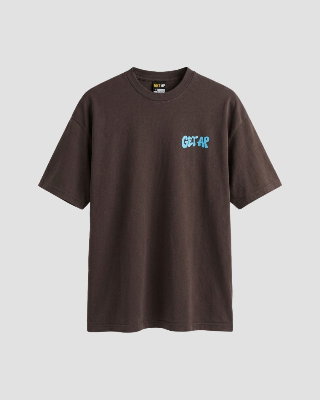 Brown t-shirt with a logo on a light gray background