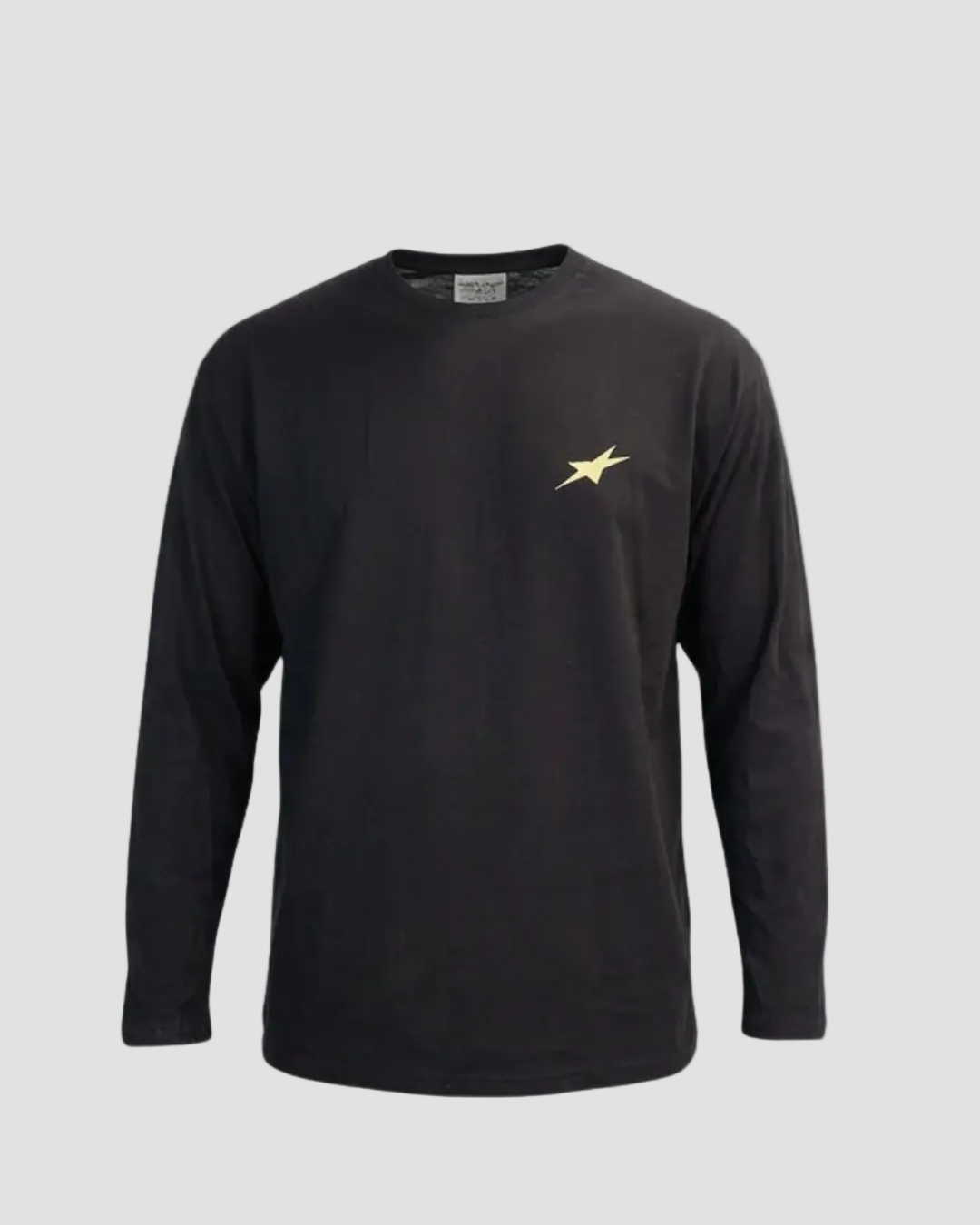 Black long-sleeve shirt with a yellow star logo on a gray background